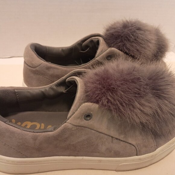 SAM EDELMAN Leya Sz 7.5US/37.5EU Gray Suede Faux Fur Pompoms Stringless Sneaker - Picture 7 of 12